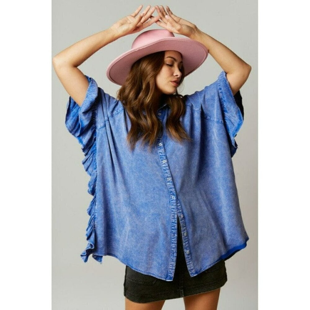 Time Flies Acid Washed Ruffled Shirt in Royal Blue - Picture 4 of 8